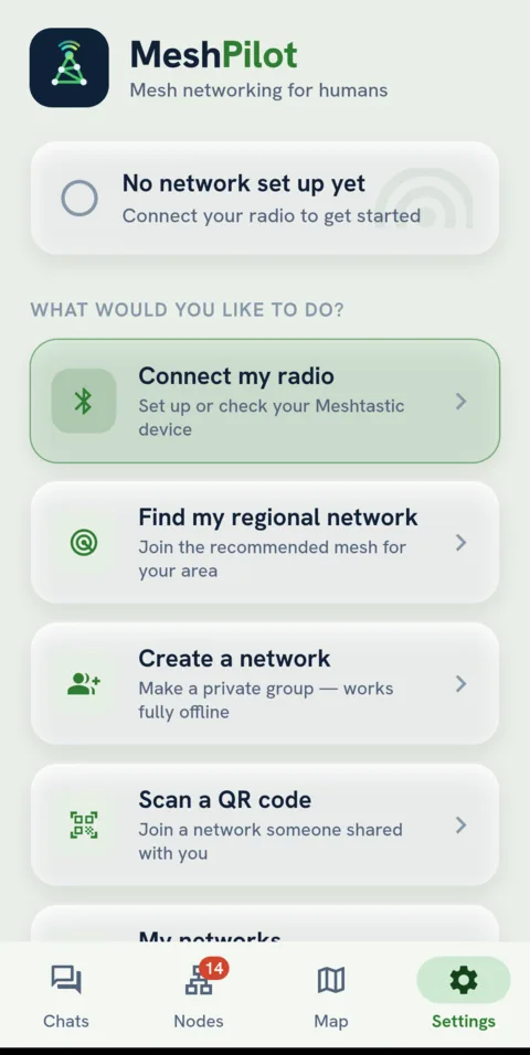 MeshMate home screen